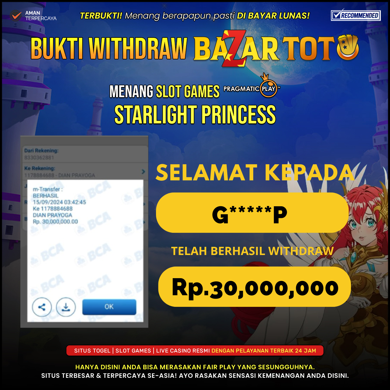 BAZARTOTO - JACKPOT SLOT STARLIGHT PRINCESS Rp.30.000.000.,- LUNAS