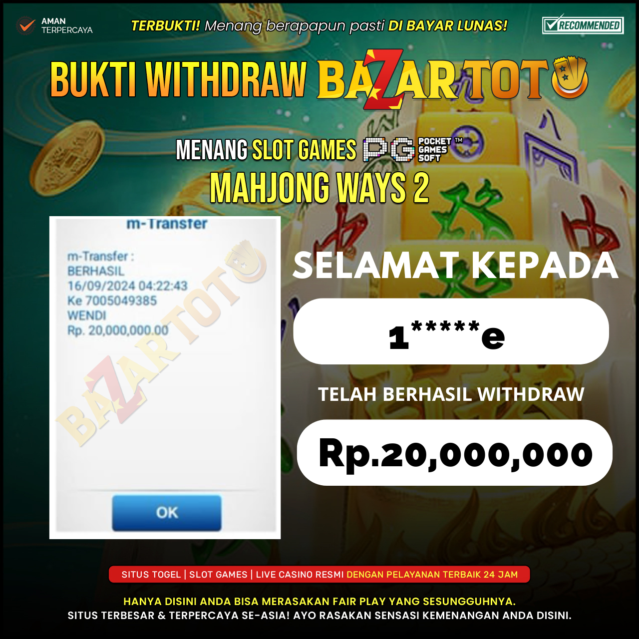 BAZARTOTO - JACKPOT SLOT MAHJONG WAYS 2 Rp.20.000.000.,- LUNAS