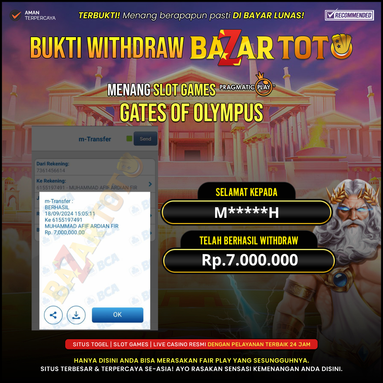 BAZARTOTO - JACKPOT SLOT GATES OF OLYMPUS Rp.7.000.000.,- LUNAS