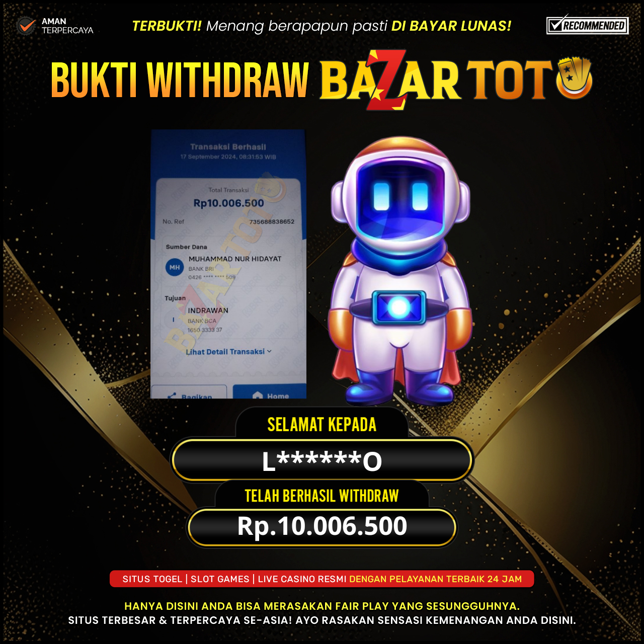 BAZARTOTO - JACKPOT SLOT SPACEMAN Rp.10.006.500.,- LUNAS