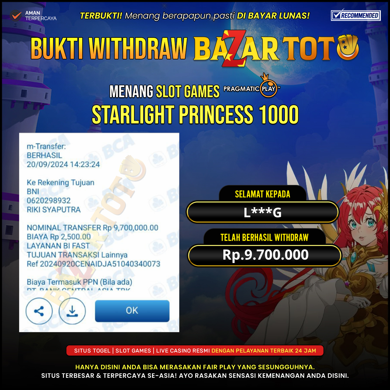 BAZARTOTO - JACKPOT SLOT STARLIGHT PRINCESS 1000 Rp.9.700.000.,- LUNAS