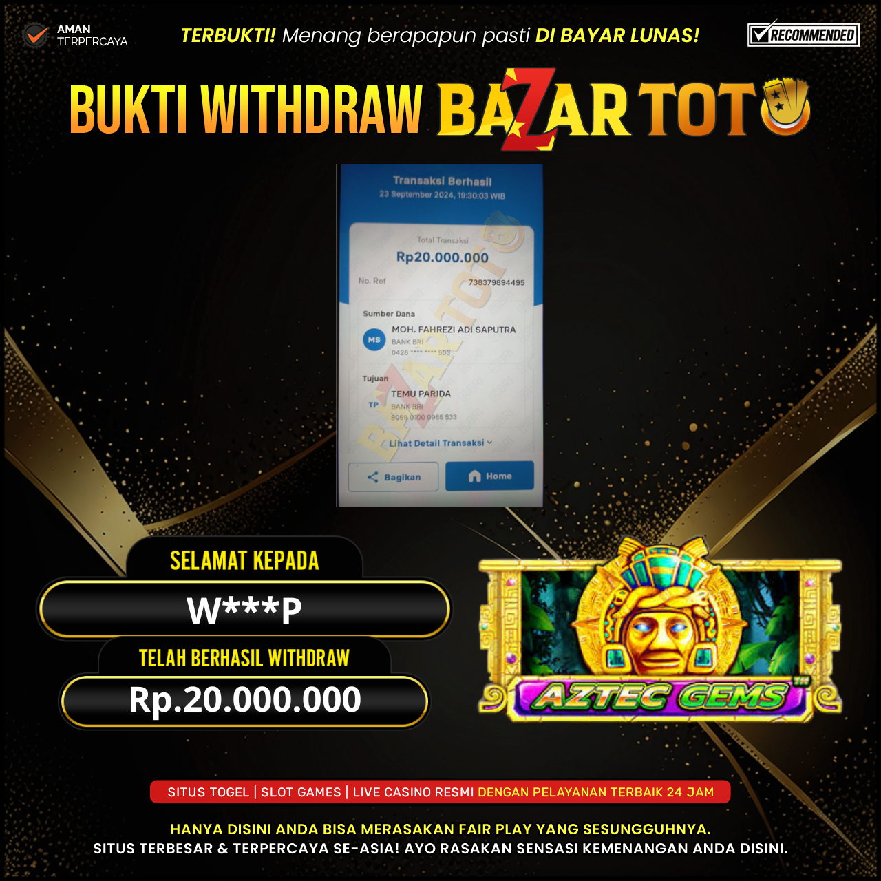 BAZARTOTO - JACKPOT SLOT AZTEC GEMS Rp.20.000.000.,- LUNAS