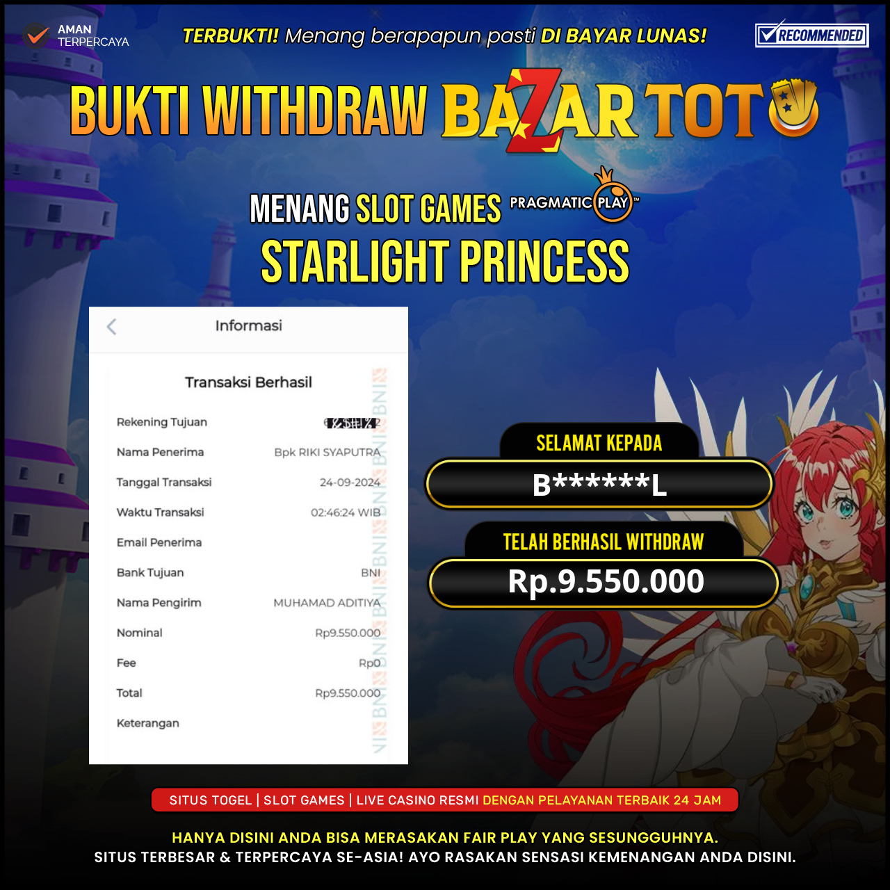 BAZARTOTO - JACKPOT SLOT STARLIGHT PRINCESS Rp.9.550.000.,- LUNAS