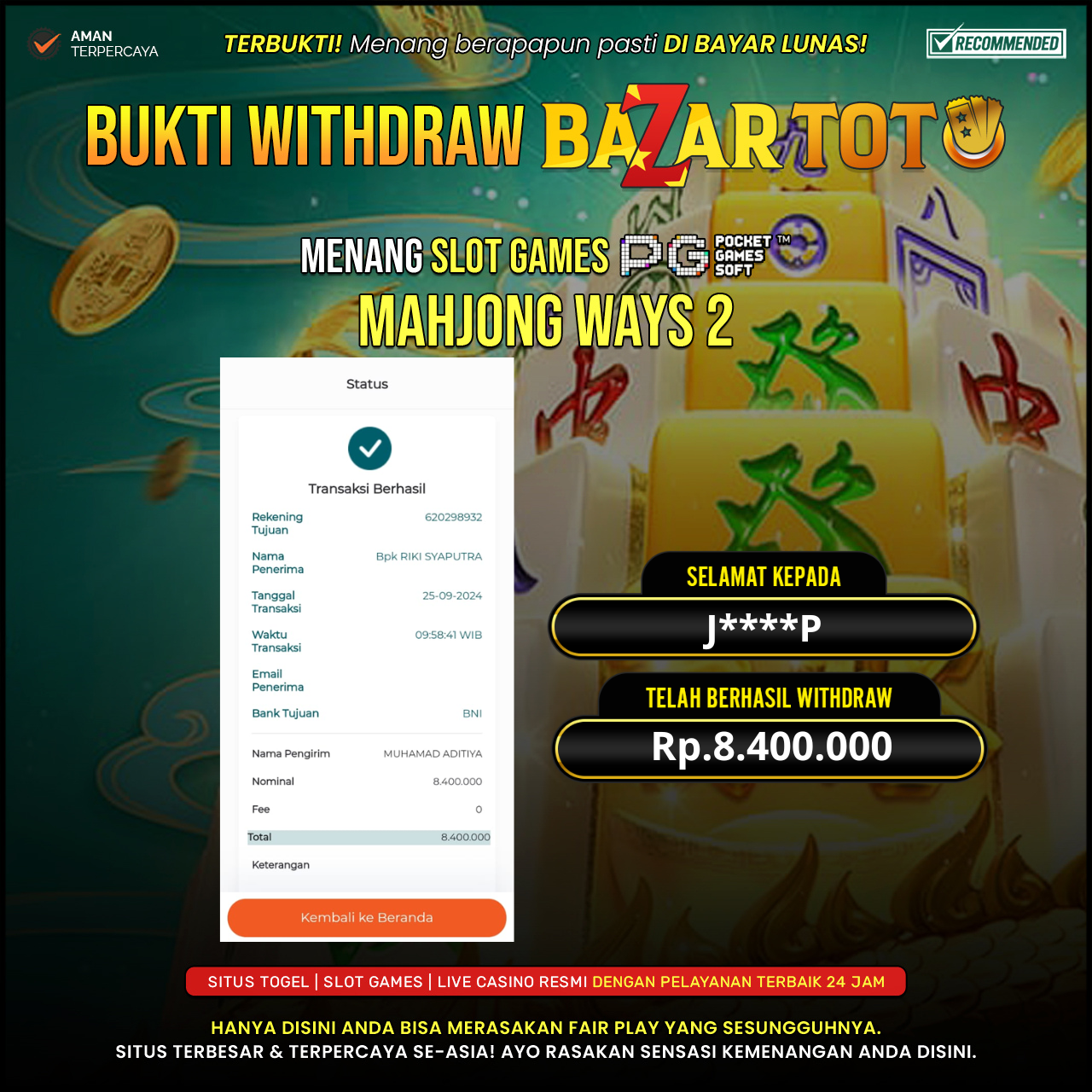 BAZARTOTO - JACKPOT SLOT MAHJONG WAYS 2 Rp.8.400.000.,- LUNAS