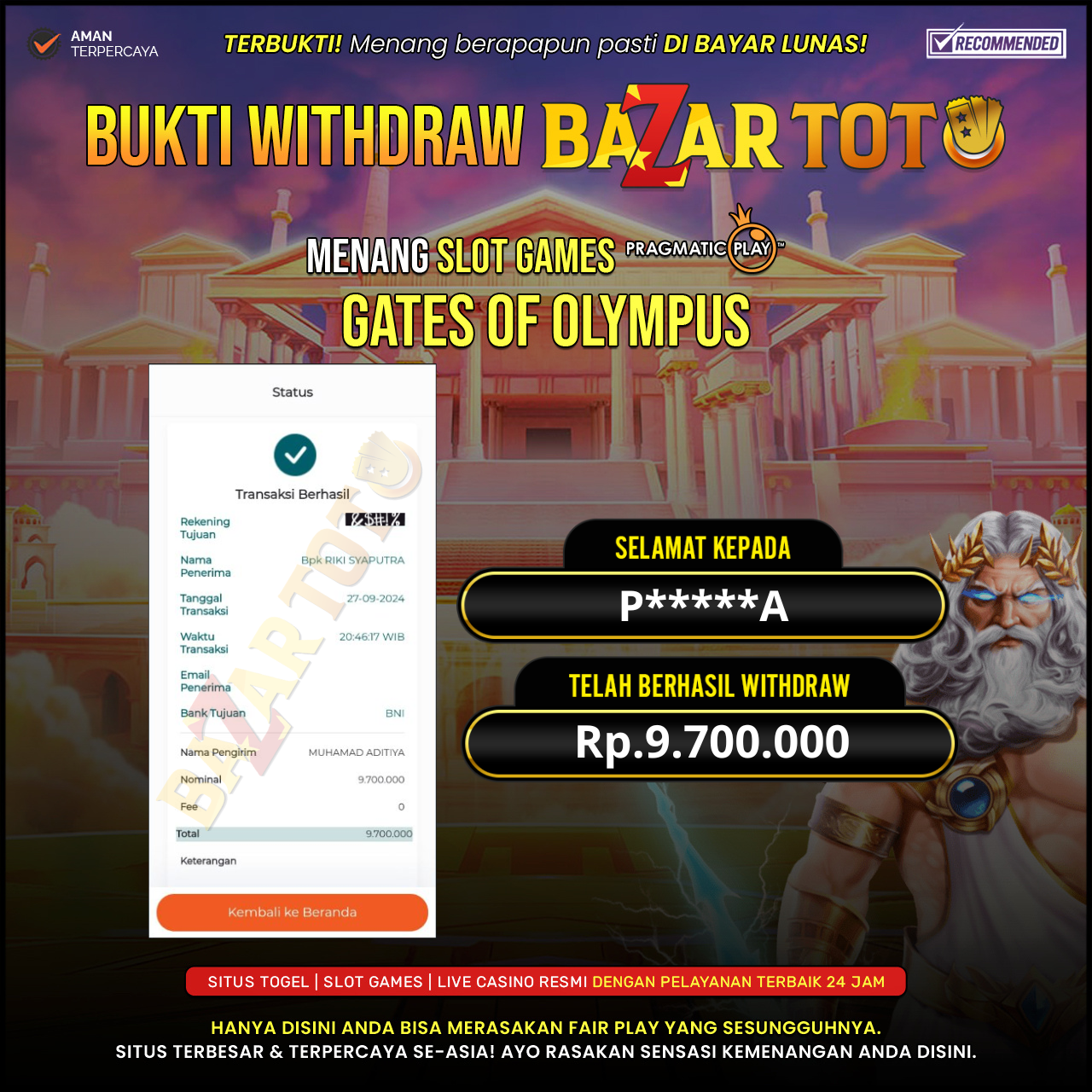 BAZARTOTO - JACKPOT SLOT GATES OF OLYMPUS Rp.9.700.000.,- LUNAS