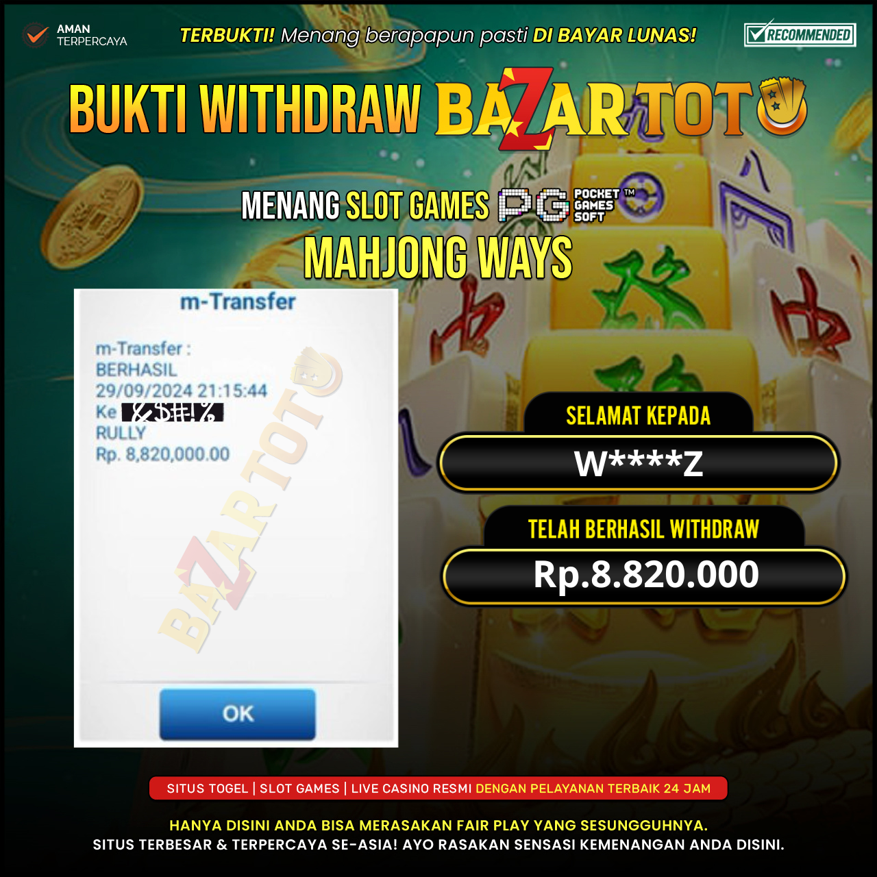 BAZARTOTO - JACKPOT SLOT MAHJONG WAYS Rp.8.820.000.,- LUNAS