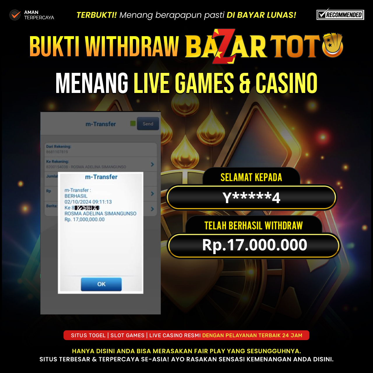 BAZARTOTO - JACKPOT LIVE CASINO BACCARAT Rp.17.000.000.,- LUNAS