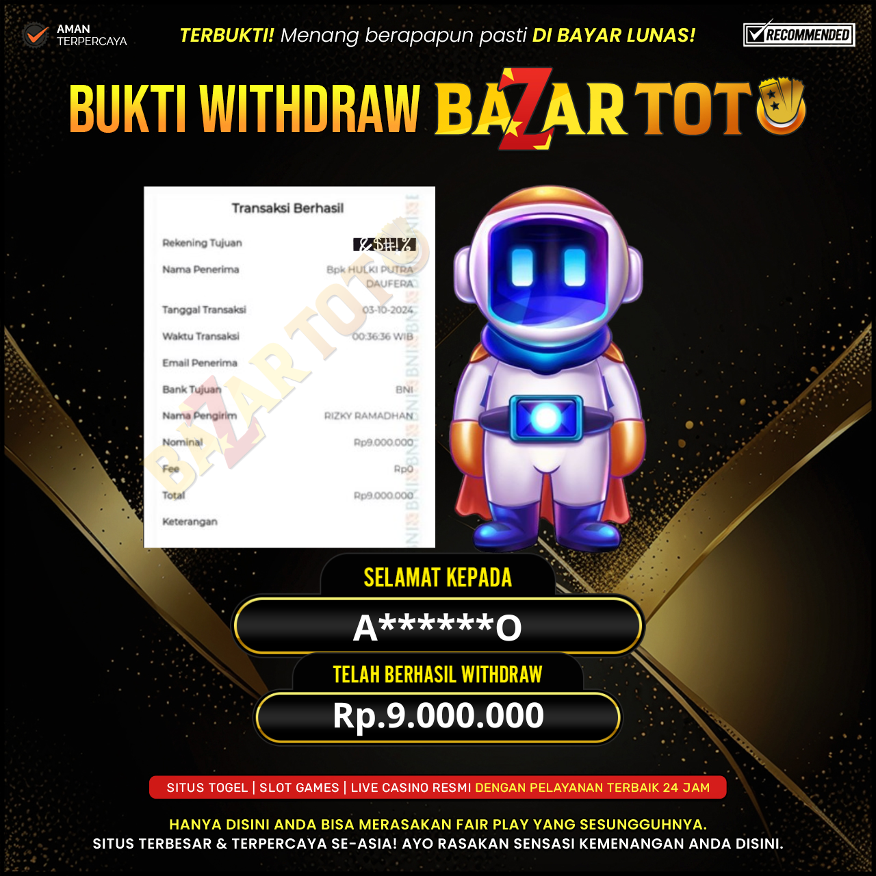 BAZARTOTO - JACKPOT SLOT SPACEMAN Rp.9.000.000.,- LUNAS