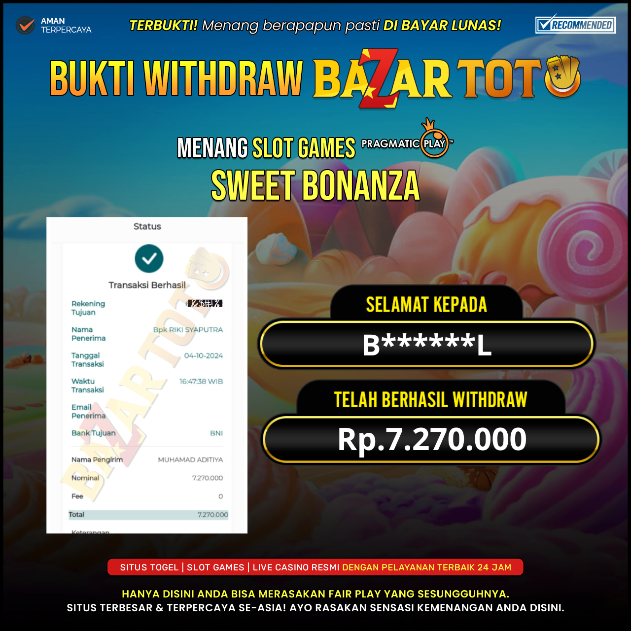 BAZARTOTO - JACKPOT SLOT SWEET BONANZA Rp.7.270.000.,- LUNAS