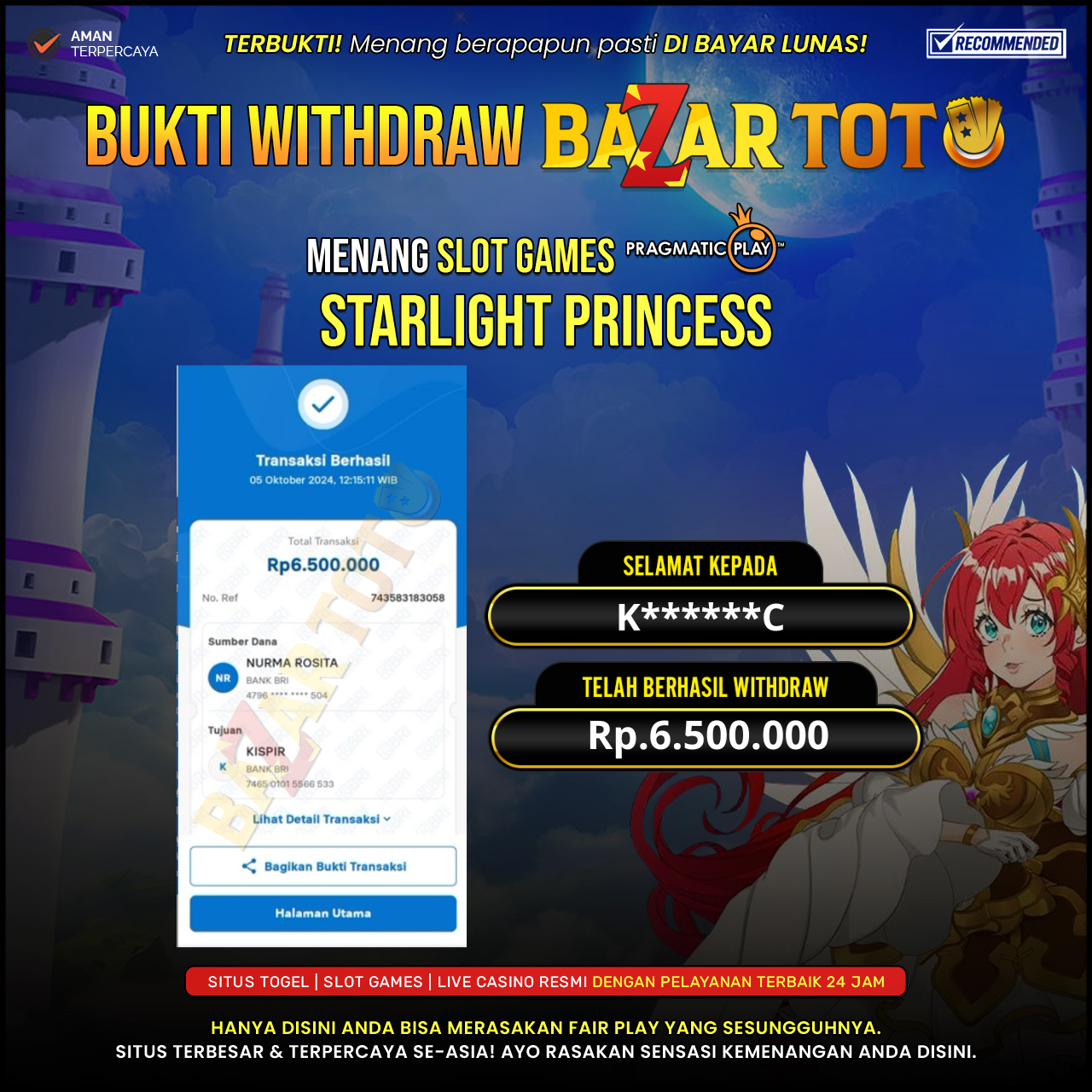 BAZARTOTO - JACKPOT SLOT STARLIGHT PRINCESS Rp.6.500.000.,- LUNAS