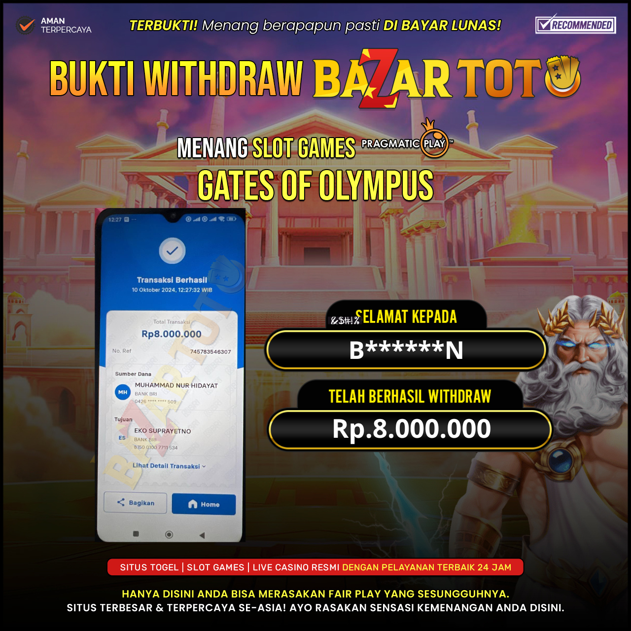 BAZARTOTO - JACKPOT SLOT GATE OF OLYMPUS Rp.8.000.000.,- LUNAS