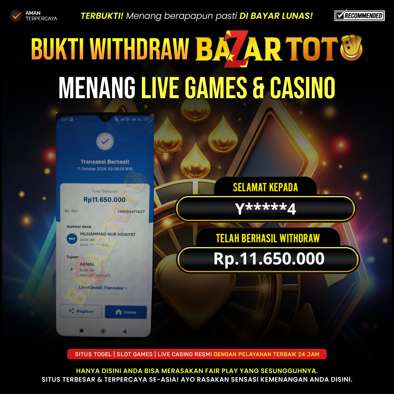 BAZARTOTO - JACKPOT LIVE GAME BACCARAT Rp.11.650.000.,- LUNAS