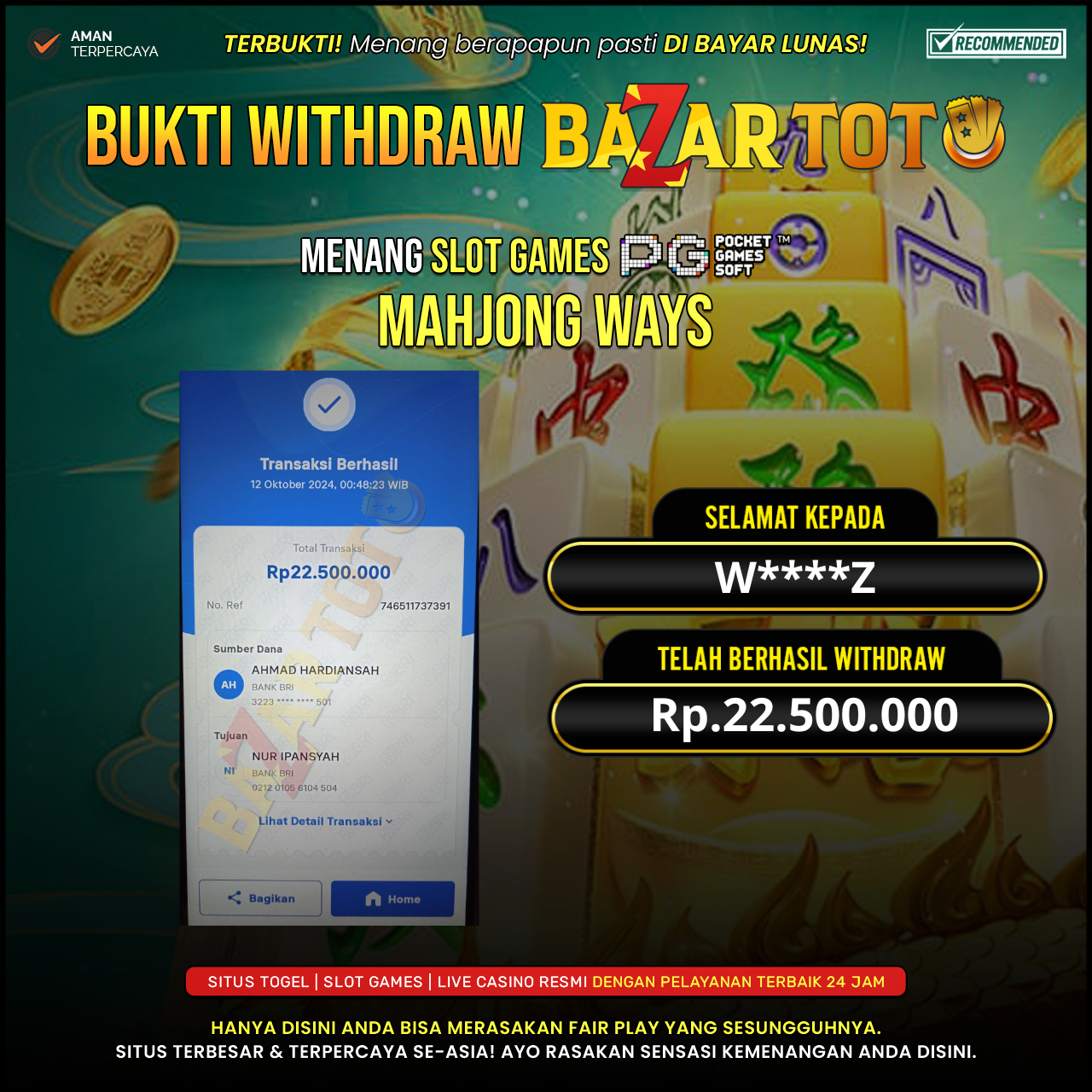 BAZARTOTO - JACKPOT SLOT MAHJONG WAYS Rp.22.500.000.,- LUNAS