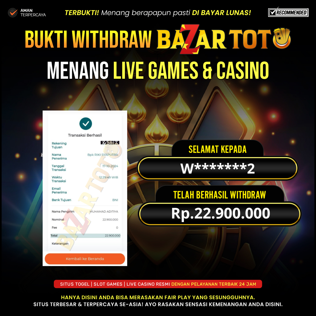 BAZARTOTO - JACKPOT LIVE CASINO 24D SPIN Rp.22.900.000.,- LUNAS