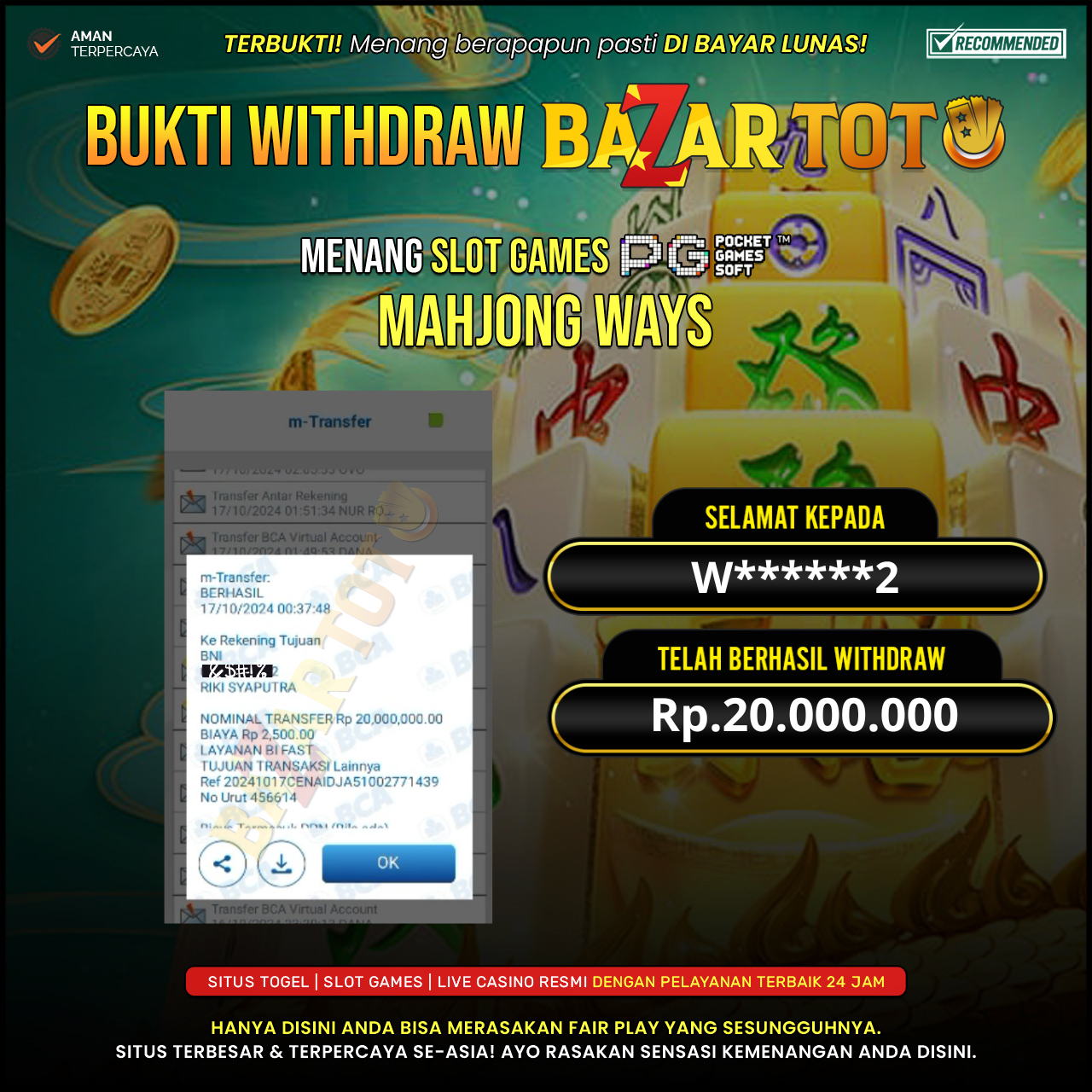 BAZARTOTO - JACKPOT SLOT MAHJONG WAYS Rp.20.000.000.,- LUNAS