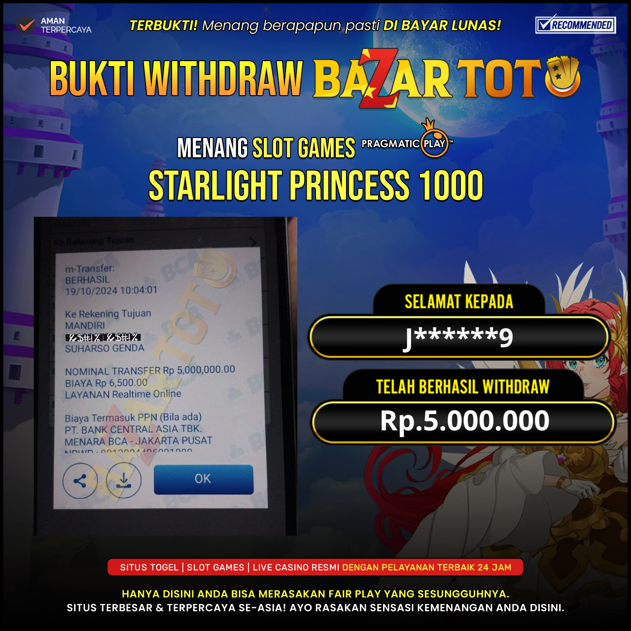 BAZARTOTO - JACKPOT SLOT STARLIGHT PRINCESS 1000 Rp.5.000.000.,- LUNAS