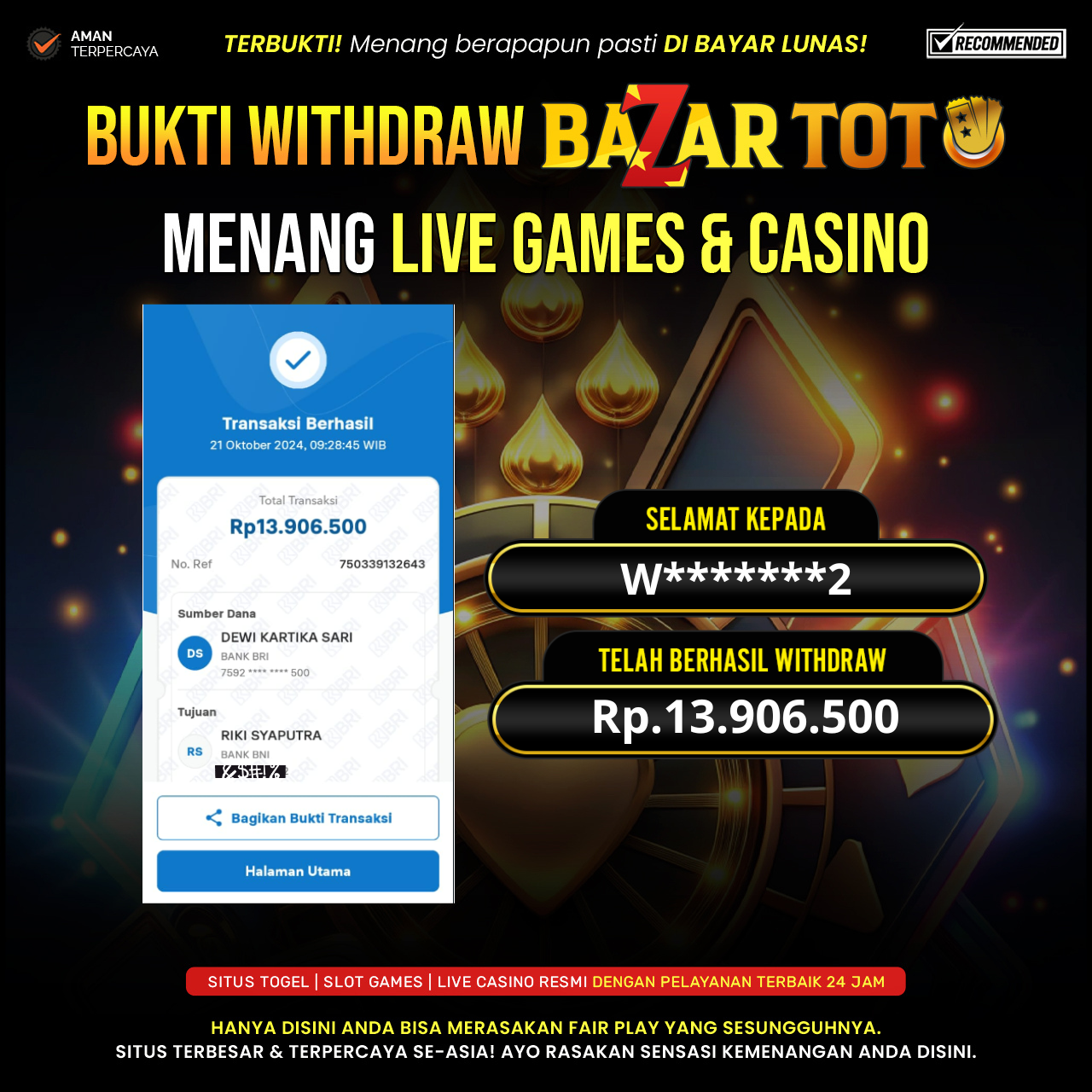 BAZARTOTO - JACKPOT LIVE CASINO 24D SPIN Rp.13.906.005.,- LUNAS