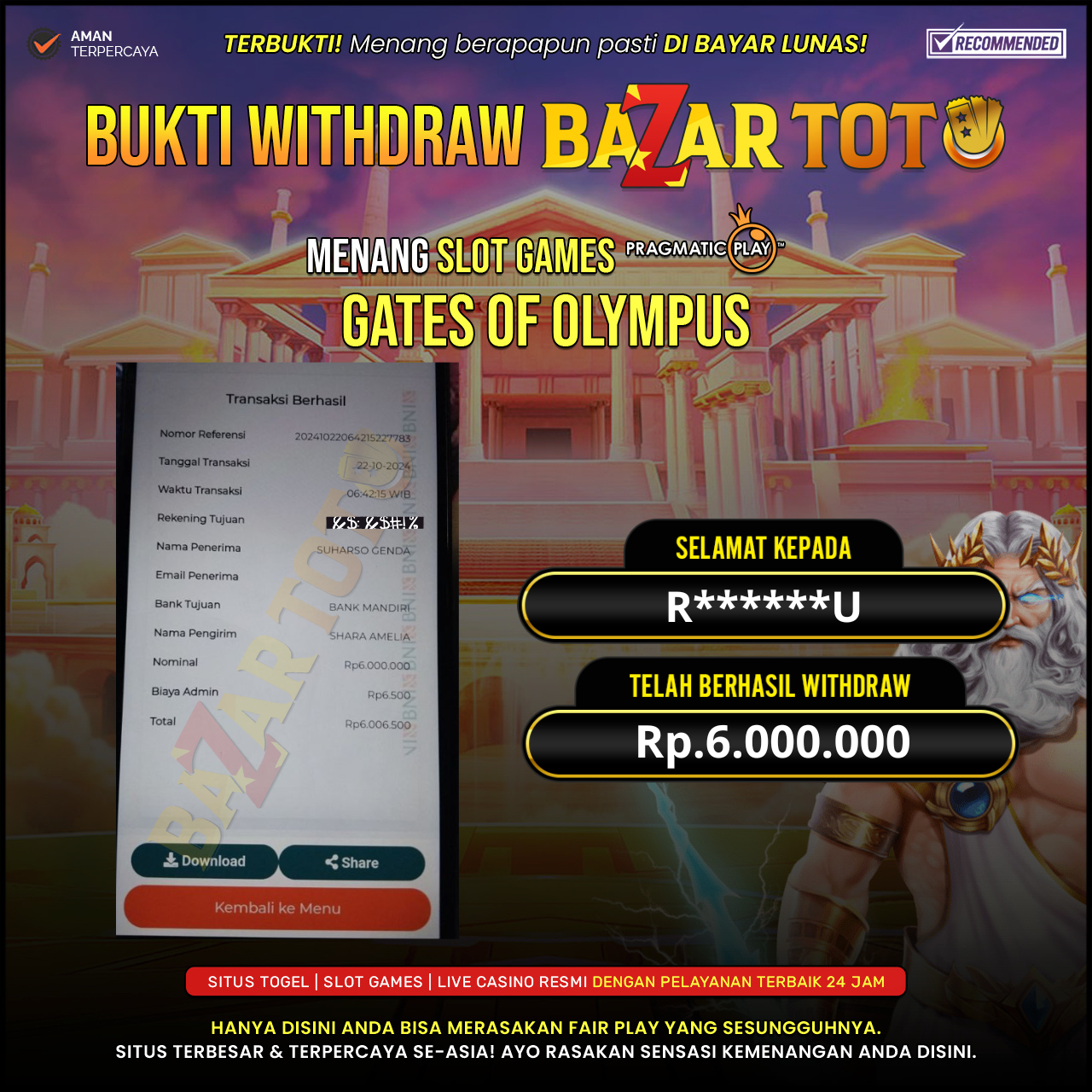 BAZARTOTO - JACKPOT SLOT GATE OF OLYMPUS  Rp.6.000.000.,- LUNAS