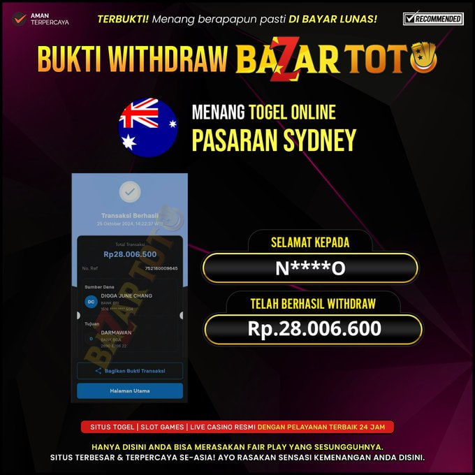 BAZARTOTO - JACKPOT TOGEL SYDNEY LOTTO Rp.28.006.600.,- LUNAS