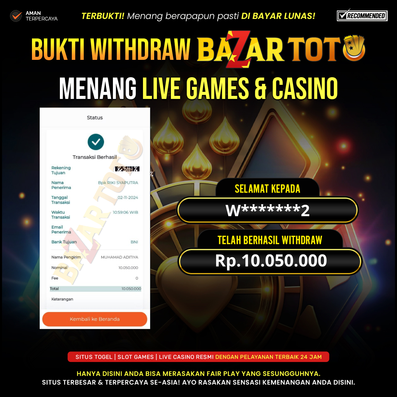 BAZARTOTO - JACKPOT LIVE CASINO 24D SPIN Rp.10.050.000.,- LUNAS