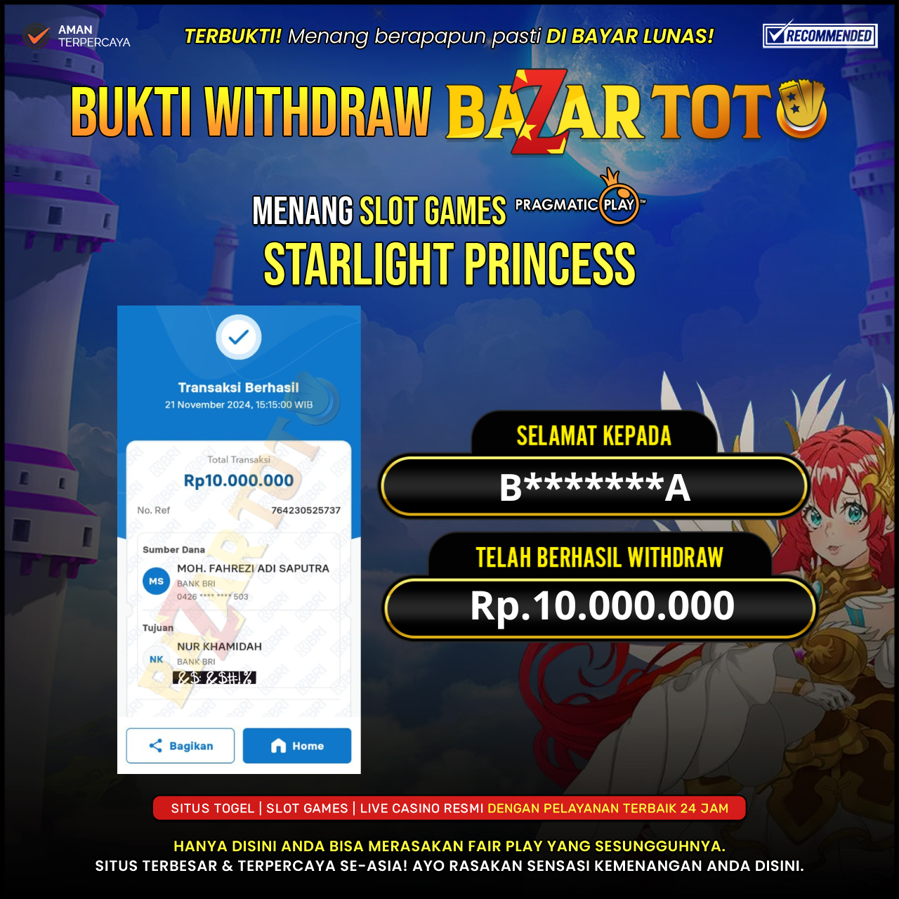 BAZARTOTO - JACKPOT SLOT STARLIGHT PRINCESS Rp.10.000.000.,- LUNAS