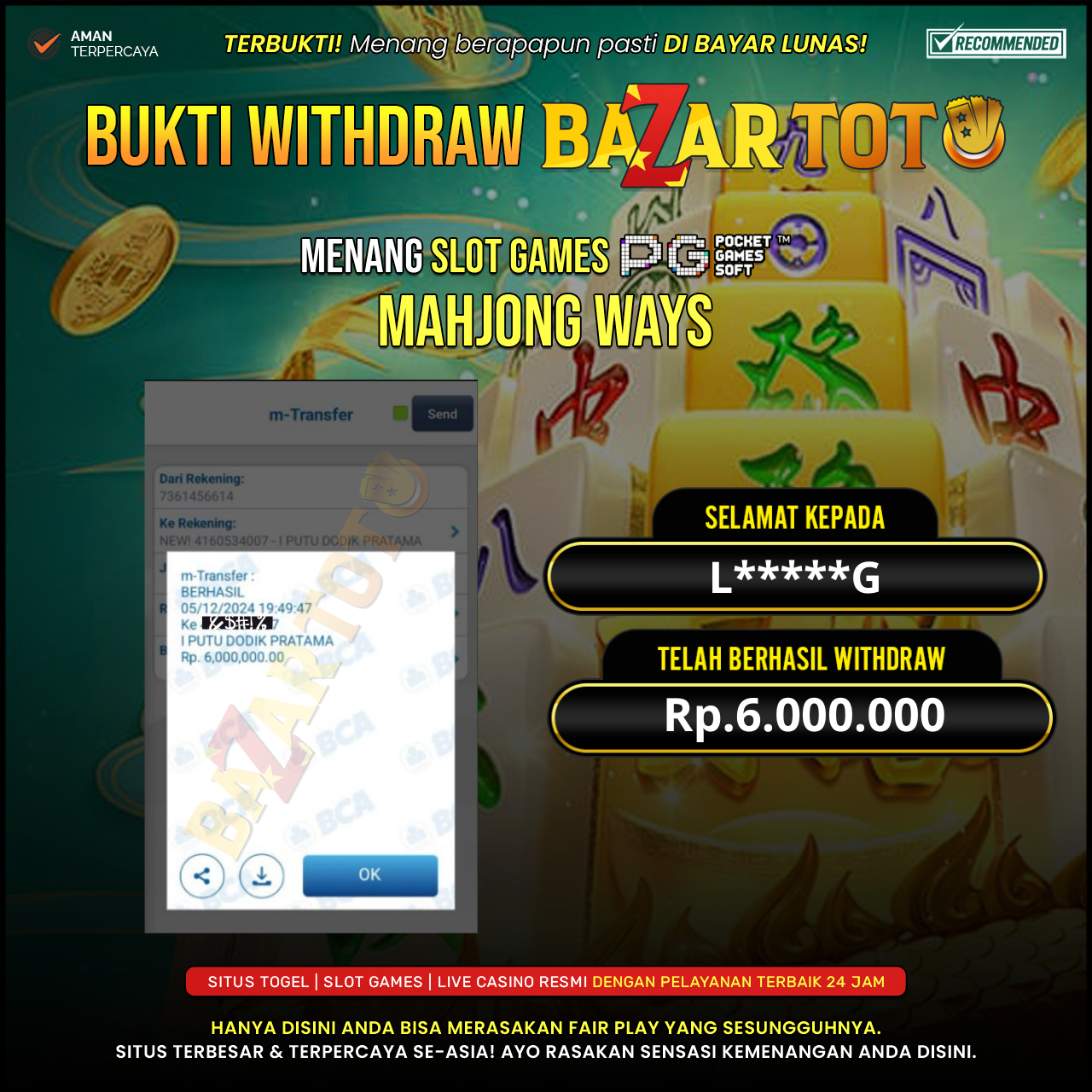 BAZARTOTO - JACKPOT SLOT MAHJONG WAYS Rp.6.000.000.,- LUNAS